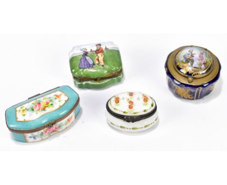 An early 20th century Continental porcelain patch box of circular form, the hinged cover painted with a figure playing the lu