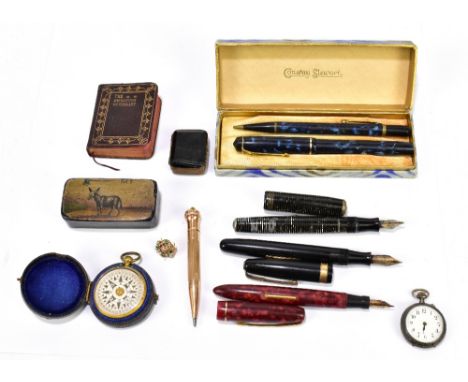 A mixed lot of assorted collectors' items including a gilt metal snuff box inset with hardstones, width 3cm, a cased compass,