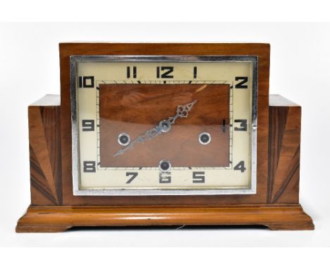 ENFIELD; an Art Deco walnut cased mantel clock, the silvered chapter ring with Arabic numerals, on bracket feet width 33cm, h