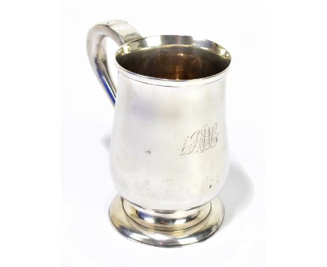 JOHN LANGLANDS I &amp; JOHN ROBERTSON I; a George III hallmarked silver baluster pint mug with scroll loop handles spreading 