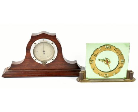 An Art Deco gilt metal and green glass electric mantel clock with movement named 'British Electric Meters Ltd', height 16.5cm