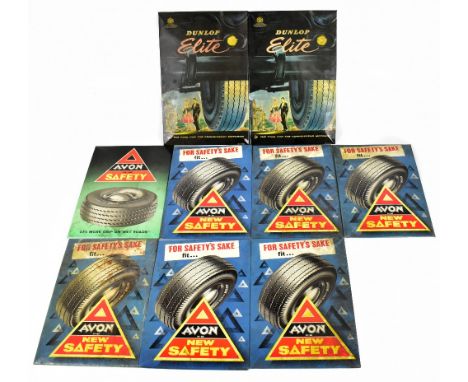 Nine assorted vintage advertising freestanding signs including 'Dunlop Elite', 'Avon', safety signs, etc (9).