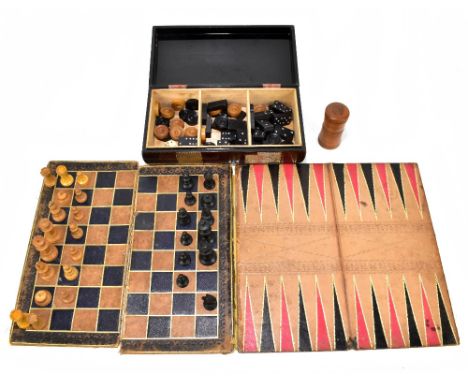 A folding games board with backgammon, chess and a horse racing game (af) also a sectional box containing various boxwood che