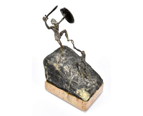 A contemporary sterling silver mounted sculpture representing David and Goliath, raised on a stone mount terminating on a mar