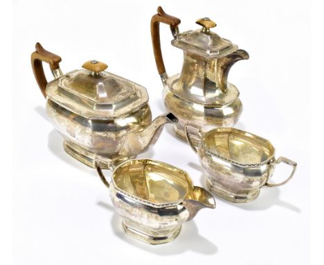 COOPER BROTHERS &amp; SONS; an Elizabeth II hallmarked silver four piece tea service, Sheffield 1969, approx 53ozt/1639g (4).