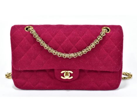 CHANEL; a vintage circa 2000 neon hot pink cloth 'Classic' double flap quilted handbag, with 24k gold plated stamped 'CC' tur