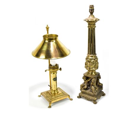 A modern cast metal table lamp cast with cherubs and Corinthian column, height excluding fitting 56cm, and a further brass la