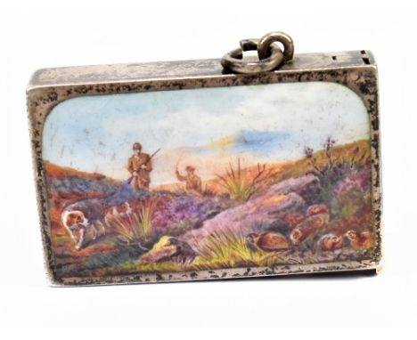 JOHN MILLWARD BANKS; an Edward VII hallmarked silver and enamelled vesta case, decorated with a hunting scene and indistinctl