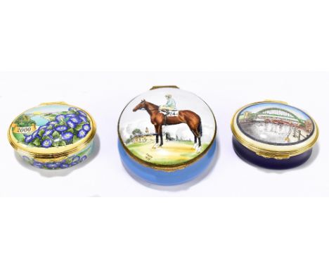 HALCYON DAYS; two boxed enamel pill boxes including the Tyne Bridge, also a further pill box by Crummles &amp; Co 'Troy', dia