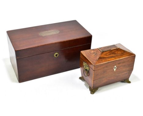 A 19th century mahogany tea caddy with recessed brass handle, height 16cm, width 33cm, depth 16.5cm, with a 19th century rose