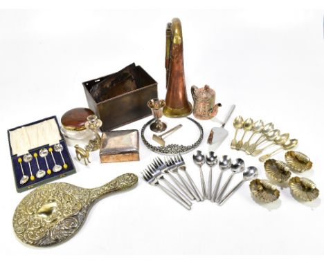 A copper and brass bugle, together with assorted silver plate and metal collector's items including cutlery.