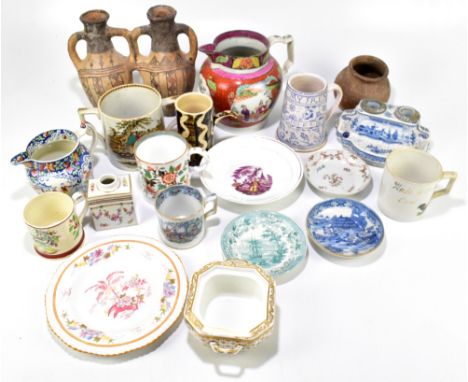 A collection of 19th century and later English pottery to include a pearlware Mandarin-style jug decorated with figures in la