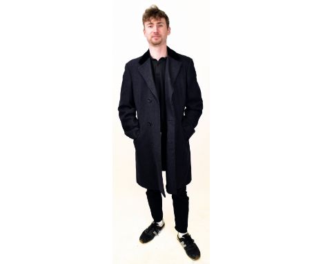 A navy blue herringbone tweed vintage 1970s stockbroker's coat, made from 1930s fabric, hand stitched with front lined pocket