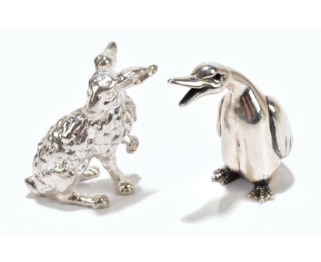 A sterling silver model of a hare, height 4.2cm, together with an 800 grade model of a duck, combined weight 95.5g (2).Additi