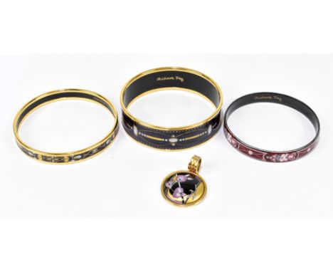 MICHAELA FREY; three yellow metal and enamel bangles and a floral pendant (4).