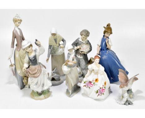 LLADRO; six assorted figures including a Victorian style lady holding a parasol beside dog, height 36cm, a girl with blue flo