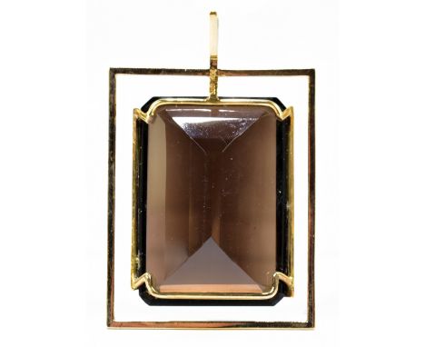 A very large contemporary 14ct yellow gold and smokey quartz pendant, the quartz measuring 44 x 30mm in simple openwork frame