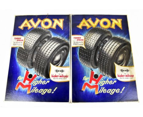 Two vintage advertising card signs 'Avon for Higher Mileage', 76 x 51cm (2).