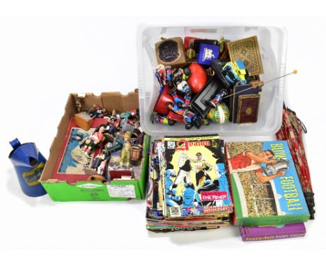 A selection of vintage toys and collectors' items to include treen items, two oil cans, games, a parasol, etc, together with 