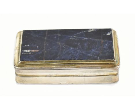 A late 19th century French silver snuff box of rounded rectangular form with polished hardstone panel to the lid and traces o