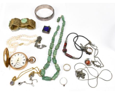 A nephrite necklace, with a gilt metal and jadeite set bracelet, a silver bangle, a gold plated pocket watch, etc.