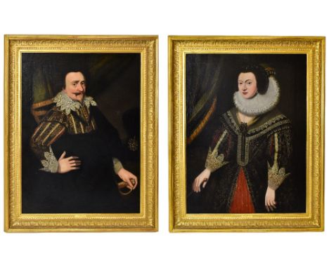 CIRCLE OF SIR GODFREY KNELLER (1646-1723); a pair of large oil on canvas, 'James I' and 'Elizabeth of Bohemia', portrait stud