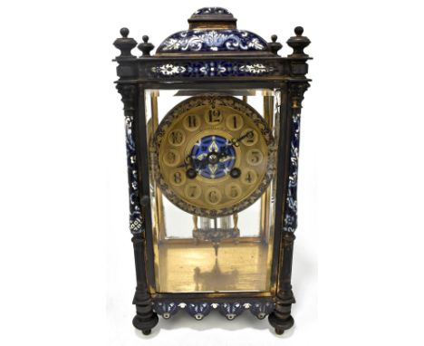 ELKINGTON & CO LTD; a French gilt metal champlevé enamel mantel clock, the circular dial set with Arabic numerals, with mercu