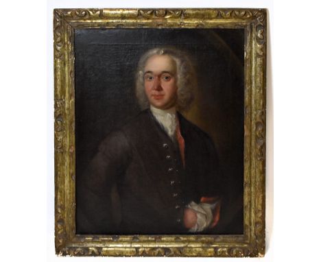 18TH CENTURY ENGLISH SCHOOL; oil on canvas, portrait study of a gentleman with left arm tucked beneath his jacket, unsigned, 