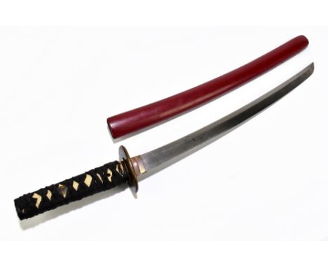 A Japanese Wakizashi Naginata Naechoshi with early blade converted in World War II with early solid tsuba and red lacquered s