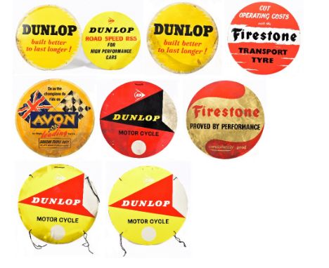 Nine vintage advertising circular card signs relating to motoring, various brands including 'Firestone' and 'Dunlop' (9).