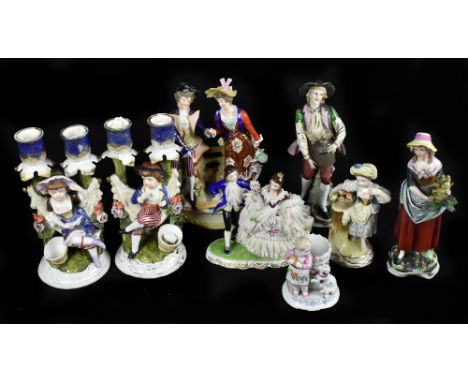 A collection of Continental porcelain ceramic figures, various factories including Capodimonte, etc, including a pair of twin