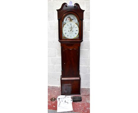 GEORGE STONES, BLACKBURN; a 19th century longcase clock, the painted dial set with moon phase, the larger dial set with both 