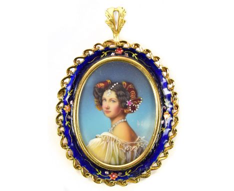 An 18ct yellow gold enamelled and painted pendant brooch, the oval frame with outer border of dark blue enamel and with centr