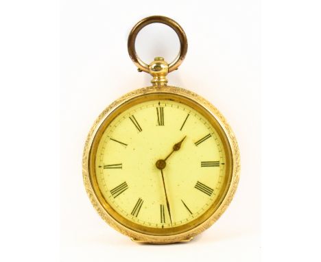 An 18ct yellow gold open face key wind fob watch with white enamel dial set with Roman numerals and foliate engraved case, di