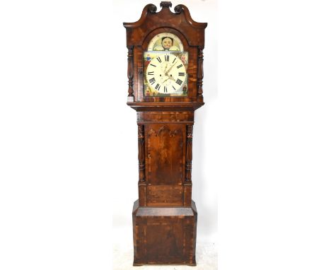 A 19th century eight day longcase clock, the painted dial with moon phase movement above Roman numerals and two subsidiary di