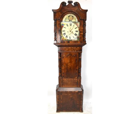 A 19th century eight day longcase clock, the painted dial with moon phase movement above Roman numerals and two subsidiary di