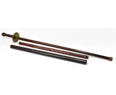 SWAINE &amp; ADENEY; a leather cased sword stick, length 59cm, and a fencing sword and a turned wooden rule (3).Additional In