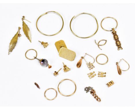 A pair of 18ct yellow gold cufflinks with engine turned decoration, and a pair of 9ct yellow gold loop earrings, approx 6.2g,