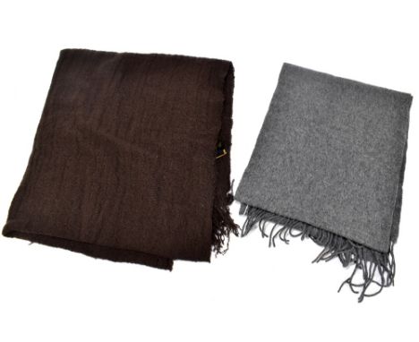 BERGDORF GOODMAN; a 100% wool woven scarf with fringe ends and a Donna Karan signature 100% cashmere brown woven large rectan