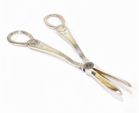 HARRISON BROS &amp; HOWSON; a pair of George V hallmarked silver grape scissors, with bright cut decoration to the handles an