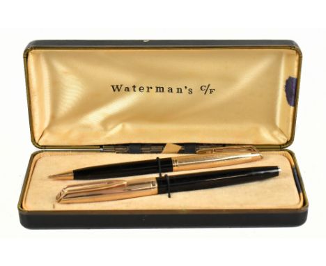 WATERMAN; a cased twin pen set with rolled gold capped fountain pen with 14ct nib and a matching ballpoint pen.Additional Inf