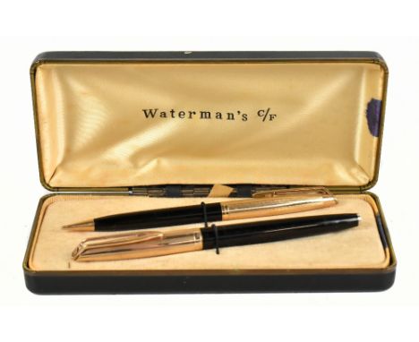 WATERMAN; a cased twin pen set with rolled gold capped fountain pen with 14ct nib and a matching ballpoint pen.Additional Inf