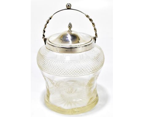 WILLIAM AITKEN; an Edward VII hallmarked silver mounted glass biscuit barrel with etched and hobnail cut decoration, Birmingh