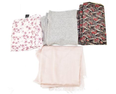 LIBERTY; a large Glossop design fine wool paisley square scarf with two fringe sides, a Raey 100% cashmere pink long scarf wi