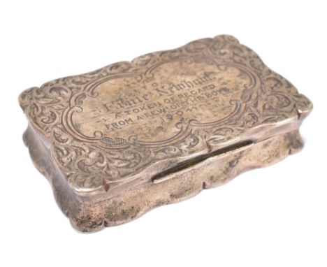 JOSEPH GLOSTER LTD; a late Victorian hallmarked silver snuff box of rectangular form with chased scrolling detail surrounding