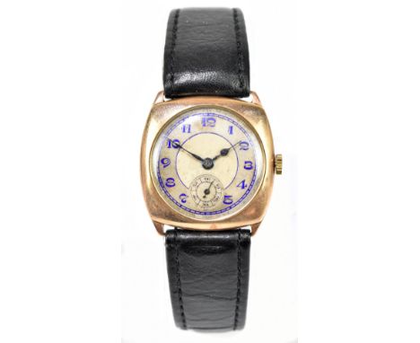 A gentleman's 9ct gold wristwatch, the silvered dial with blue enamel Arabic numerals and subsidiary seconds, the inside of t