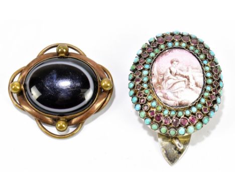 A Victorian Continental silver brooch set with a circular enamel roundel depicting a seated maiden in landscape with a border