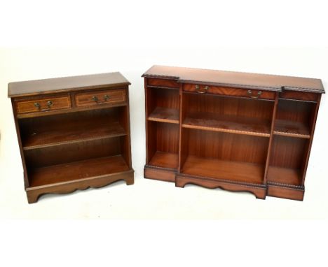 Two reproduction mahogany bookcases, each with shelving to the lower section and drawers to the upper section, larger of the 