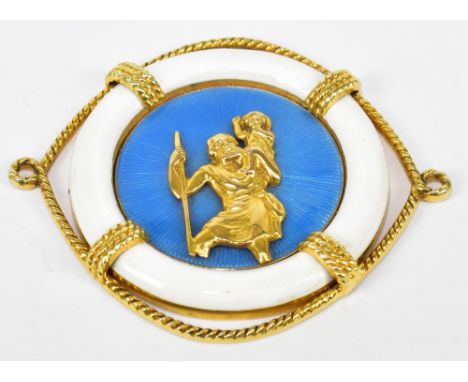 ASPREY OF LONDON; a 9ct gold and enamelled plaque, relief decorated with St Christopher, approx weight 56g, width 6.5cm.Addit