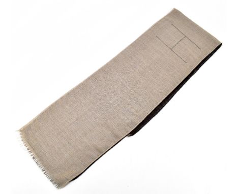 HERMÈS; a 100% cashmere tan and dark brown two tone two part scarf embroidered with a large 'H' to centre, 150 x 28cm.Additio